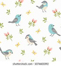 Seamless pattern of blue little birds with rosebuds, small branches and yellow butterflies. 