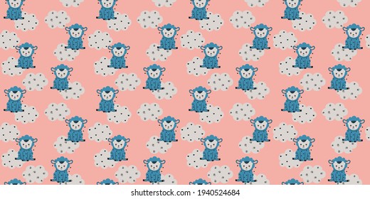 Seamless pattern of blue little pretty lambs sits and smiles, beige clouds on a pink background. Scandinavian style. For printing on children's clothing, textile, fabric, nursery wallpaper. Vector.