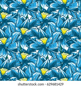 Seamless pattern with blue lotus flowers. Blue lilies cross each other. It can be used as wallpaper, printing, wrapping, fabric or background for your blog and your design.