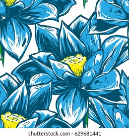 Seamless pattern with blue lotus flowers. Blue lilies on a white background. It can be used as wallpaper, printing, wrapping, fabric or background for your blog and your design.