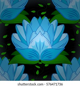 Seamless pattern with blue lotus, petals and with dark background. Green leaves.Radial gradient shape.