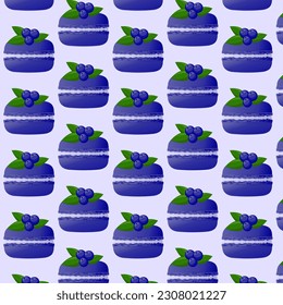 Seamless pattern blue macarons with  blueberries.Highly detailed dessert, macaroon, sweets, menu design, restaurants shop. Gradient macarons.Vector illustration.