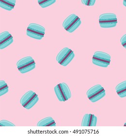 Seamless pattern with blue macaroon cookies on pink. Vector illustration. Eps10