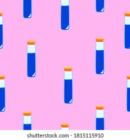 Seamless pattern with blue magic potion bottles on pink background. Cartoon style. Fairy tale drink. Pharmacy and chemistry. Cosmetics and skin care. Medicine and health care. For packaging design