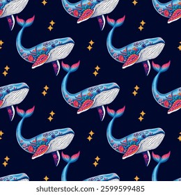Seamless pattern with blue magical whales and small sparkling stars on a dark blue background