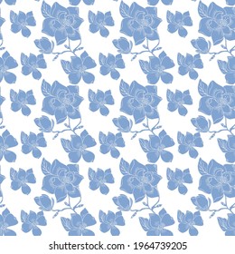 Seamless pattern with blue magnolias on a white background. Background image for text, printing on napkins for decoupage, printing on textiles. EPS10.