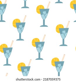 Seamless pattern with blue martini cocktail drinks and lemon slices. Summer vector background