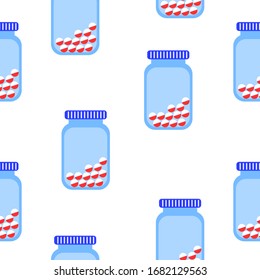 Patrón sin inconvenientes con las jarras de medicina azul con pastillas redondas. Estilo plano. Farmacia y atención médica. Medicación, concepto farmacéutico. Terapia antibiótica. Painasesina. Tratamiento de neumonía y coronavirus