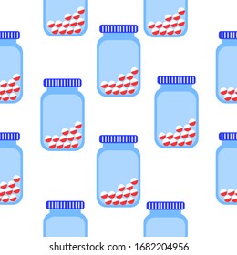 Patrón sin inconvenientes con las jarras de medicina azul con pastillas redondas. Estilo plano. Farmacia y atención médica. Medicación, concepto farmacéutico. Terapia antibiótica. Painasesina. Tratamiento de neumonía y coronavirus