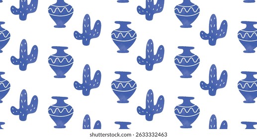 Seamless pattern with blue Mediterranean Cactus and Ceramic Vases. Hand drawn repeating summer motif on white background. Flat vector illustration.