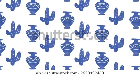 Seamless pattern with blue Mediterranean Cactus and Ceramic Vases. Hand drawn repeating summer motif on white background. Flat vector illustration.