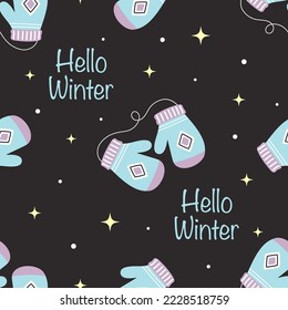 seamless pattern with blue mittens and stars, festive background for packaging, fabrics and any design, winter vector illustration in flat style