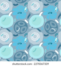 Seamless pattern of blue molecules, cells of virus, bacteria. Hand drawn doodle style background. 