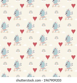 Seamless pattern with blue monster. cute character - a monster girl in skirt rides a scooter with balloon on a light background with a rainbow and clouds. Vector. Scandinavian style. Kids Collection 
