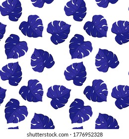 A seamless pattern with blue monstera leaves. Tropical isolated leaf. Wallpaper. 