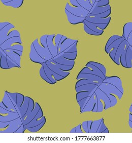 A seamless pattern with blue monstera leaves on beige background. Floral tropical pattern.