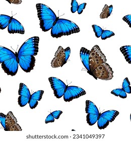 Seamless pattern with blue morpho butterflies, vector illustration