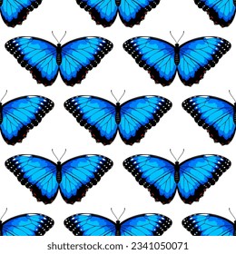 Seamless pattern with blue morpho butterflies, vector illustration