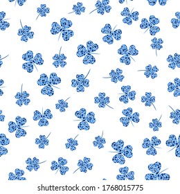 Seamless pattern with blue mosaic clover leaves. Modern background with repeating elements for packaging, printing, fabric. Vector illustration