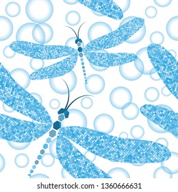 Seamless pattern with blue mosaic dragonflies and gradient balls on transparent background. Vector image. Eps 10