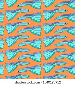 Seamless pattern with Blue Moscow Guppy on orange background