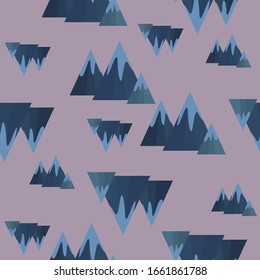 Patrón inconfundible de montañas azules sobre un fondo púrpura pálido.  Para ropa de cama, papel de embalaje, cajas, descuentos, escaparates, bolsas.