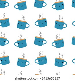 Seamless pattern with blue mug. Hot drink, kawaii character. For menu, packaging, cover, wrapping paper