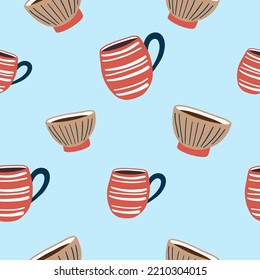Seamless pattern of blue mugs with hearts. Blue background. Design print to social media, textile, wallpaper, wrapping paper. Element for pottery shop, tableware, craft home decor.