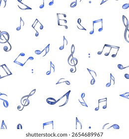 Seamless  pattern of blue music notes and symbols on white. Ideal for creative music-themed designs, textiles, wrapping paper, stationery, and artistic backgrounds.