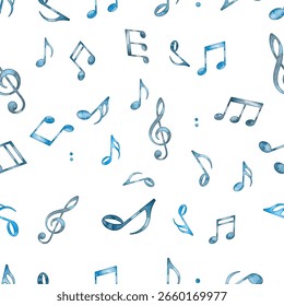 Seamless  pattern of blue music notes and symbols on white. Ideal for creative music-themed designs, textiles, wrapping paper, stationery, and artistic backgrounds.