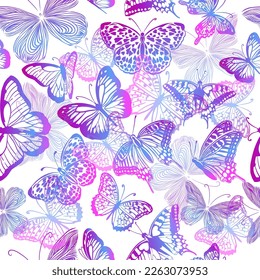 Seamless pattern blue neon butterflies. Vector illustration