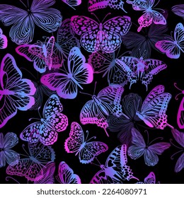 Seamless pattern blue neon butterflies. Vector illustration