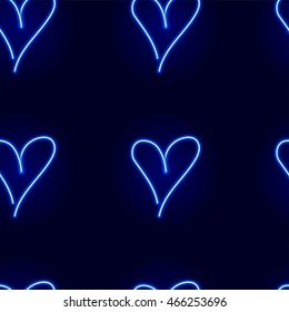 Seamless pattern with blue neon hearts on black background for your design 