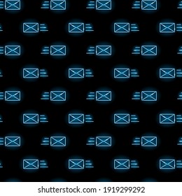 Nahtloses Muster mit blauen neonalen Briefumschlag-Symbolen auf schwarzem Hintergrund. E-Mail, Nachricht, Brief-Konzept. Vektorgrafik 10 EPS.