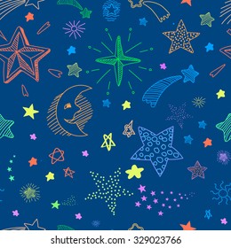 Seamless pattern with blue night sky and colorful hand drawn doodle stars and comets. Vector  background.