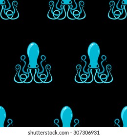 Seamless pattern with blue octopus icons on black background