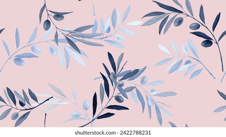 Seamless pattern, blue olive leaf branch on pink background