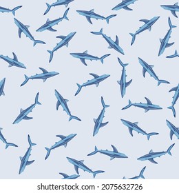 Seamless pattern Blue on shark light gray background. Blue textured of marine fish for any purpose. Random template for textile fabric design. Simple vector ornament.