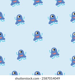 Seamless pattern with blue one-eyed blob monsters on a light blue background. Lighthearted and whimsical style