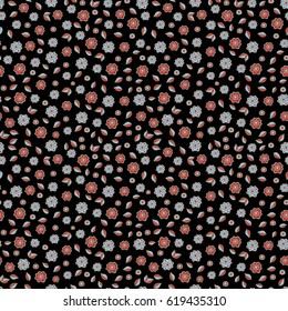 Seamless pattern in blue and orange colors on a black background. Vector seamless little flower pattern in vintage style.