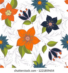 Seamless pattern with blue and orange flowers romantic elements. Endless color floral texture for design