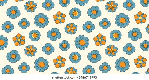 Seamless pattern with blue and orange funny beautiful flowers in groovy style. Background with trendy botanical floral elements in trendy retro trippy psychedelic hippie style. 