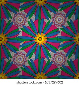 Seamless pattern with blue, orange and green flowers and leaves, abstract floral pattern. Tileable vector pattern for wallpaper, cards or fabric.