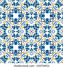 Seamless pattern in blue and orange - like Portuguese tiles 