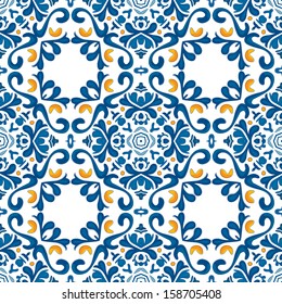 Seamless pattern in blue and orange - like Portuguese tiles