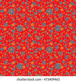 Seamless pattern with blue, orange little flowers on red background. Floral background. Vector illustration.