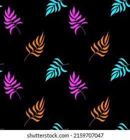 Seamless pattern of blue, orange and pink palm leaves on a black background. Tropical pattern. For textiles, packaging, fabrics, wallpapers, backgrounds, invitations. Vector illustration
