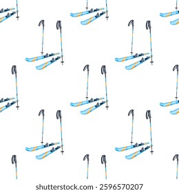 Seamless pattern of blue and orange skis and ski poles standing on white background