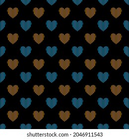 patrón impecable. líneas rectas azules de corazones geométricos Para el día de San Valentín, Boda, Amor. En un fondo negro. ilustración vectorial
