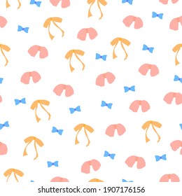 Seamless pattern with blue, orange, tea rose bows and ribbons on white background. Simple square texture with ruffles and bands. Easy to use vector. Endless holidays texture for paper or fabric.